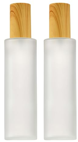 2 Stück 120ml 4oz leeres Glas Lotion Dispenser Frosted-Glas Kosmetik Creme Lotion Flasche Pumpenflaschen mit Kunststoff Holz-Korn Deckel für Emulsion Essenz Flüssigkeit
