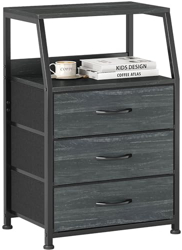 Nachttisch mit 3 Schubladen, Kommode, Beistelltisch, Stoff Nachttische, 2-Tier Holz Klein Nachtschrank, Mini Industrial Couchtisch Schwarz Aufbewahrungsschrank für Wohnzimmer, Schlafzimmer, Dunkelblau