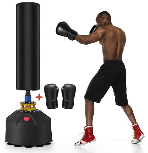 GYMAX Sac de Frappe sur Pied 173CM, Sac de Boxe Lourd 7 Couches, avec Base Stable Remplissble de Sable et d'eau, Gants de Boxe, pour Adolescents et Adultes, pour Kickboxing, MMA, Muay Thai, Fitness