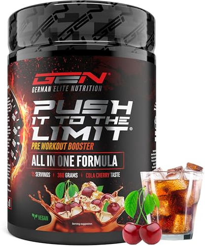 Push it to the Limit - Pre Workout avec L-Arginine + Citrulline + L-Tyrosine + L-Théanine + L-Carnitine + AAKG + Taurine + Racine de Rose Rhodiola + Caféine - Haute Dose - 360g - Cola-Cerise