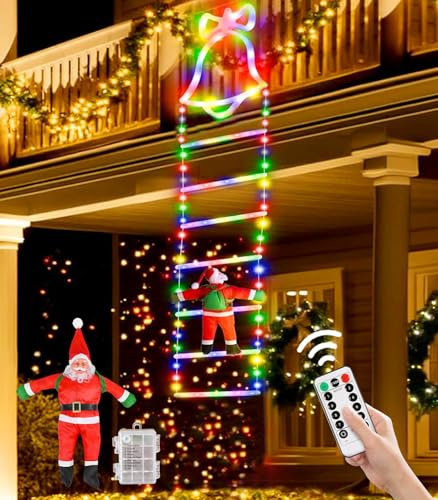 Weihnachtsmann Leiter Lichterkette Außen Innen - 2 M Weihnachtsbeleuchtung LED Lichterkette mit Batterie Timer, 8 Modi Lichtervorhang Fenster Weihnachtsdeko für Weihnachtsbaum Garten