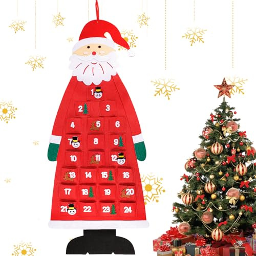 HGRGHH Calendrier de L'Avent a Remplir, Calendrier de l'avent en Forme de Père Noël 2024, Calendrier de l'Avent Suspendu en Feutre avec 24 Pochettes, Décoration de Porte Noël