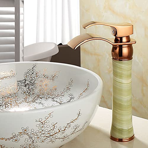 CCKUHN All Copper Natural Jade Undercounter Basin Hot and Cold Gold Faucet Waterfall Countertop Basin Gilded Faucet