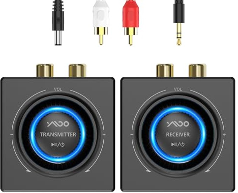 YMOO Transmisor y Receptor Audio Inalámbrico (1 TX + 1 RX), 2.4GHz, portée 200 Pieds, Latence 25ms, Audio HiFi 48kHz, Double entrée/Sortie AUX/RCA, idéal pour TV, Haut-parleur, stéréo, Barre sonore
