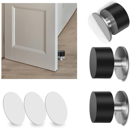 FACIACC 3 Pack Door Stopper with 6PCS Extra Stickers, Self-Adhesive Black Rubber Bumpers & Heavy Duty Stainless Steel Body with Sound Dampening, Wall Protection, Wall Mounted for Home Office Use