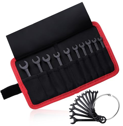 LEONTOOL Mini Wrench Set SAE 10 PCS Ignition Wrench Set, 5/32-7/16, Black | Open End & Box End Combination Wrenches, Super Thin, HCS, 15° Angle, 12 & 6 Point, Zipper Bag & Key Ring, for Small Fasteners