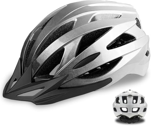 AISSTXOER Bike Helmet for Adults, CPSC-Certified 56-62cm Adjustable Road Cycling Helmet, Lightweight, Streamlined & 24-Vent One-Piece Moulded Design, with Detachable Visor (Black-Silver Gradient)