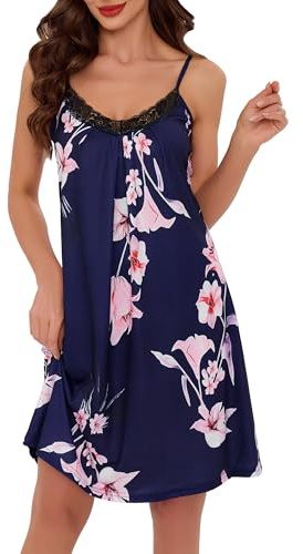 Lovasy Women's Nightdresses Soft Nighties for Women Night Dress with Lace Ladies Nighty Nightwear Strap Chemise Negligee, Flowers on Navy,XXL