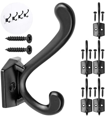Crochet à visser, 6 pièces, en noir, extérieur 85 x 28 x 27 mm, crochet double avec vis à bois, attache de vestiaire pour porte, salle de bain, cuisine, couloir, bureau, hook métallique DIY