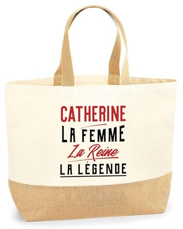 Otshirt Sac Jute Catherine la Femme la Reine la Légende | Cabas de Plage Courses Coton et Toile de Jute | Idée Cadeau Petite Amie Copine Maman Amour Humour Noël Anniversaire Fête des Mères