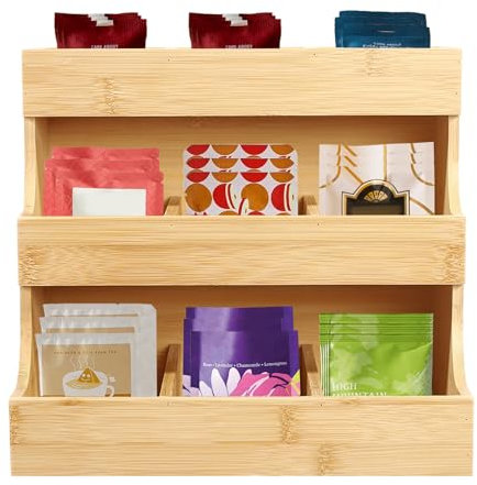 Caja de té de bambú, 3 capas de madera, organizador de bolsas de té con 9 compartimentos de almacenamiento, organizador de té vertical, para guardar té, café, paquetes de azúcar, 27 x 17,5 x 24 cm
