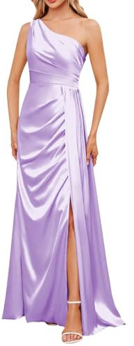 HPPEE Vestido de dama de honor de un hombro para mujer, plisado, de satén, vestido formal, Lila, 42
