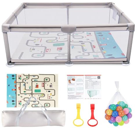 Baby Laufgitter mit Babymatte,120x180cm Laufgitter Baby Playpen, Kinderzaun mit Anti-Kollision Schaum Absperrgitter mit atmungsaktivem Netz Einschließlich 50 Ocean Balls und 2 Pull Rings