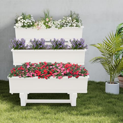 KinHall Aiuola rialzata verticale da giardino, 3 piani con fioriera, 72 x 58 x 75 cm, per balconi, davanzali, terrazze (bianco)