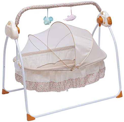 gucdaqc Electric Baby Crib 0-25kg Automatic Baby Bouncer Hub Swing With Bluetooth Newborns Rocker With 5 Swing Settings Electric Infant Cradle Foldable & Portable Dual Control For 0-18 Months (Khaki)