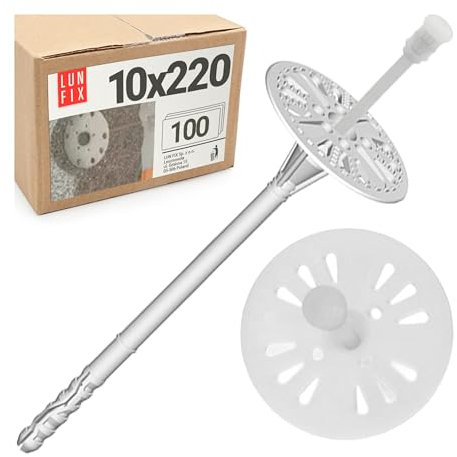 Lun Fix Dämmungsdübel 10x220 mm (100 STK.) – Tellerdübel, Schlagdübel WDVS Dübel für Styropor EPS, Dämmstoffdübel für Fassadendämmung, Kunststoffdübel