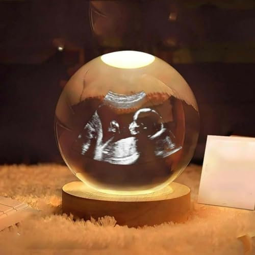 Esfera mágica, bola de cristal personalizada con base de madera, foto y texto de ultrasonido personalizados, regalo de recuerdo de fotos 3D personalizable, luz LED opcional