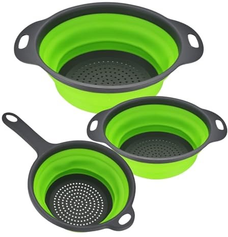 Set de coladores de silicona plegable para alimentos, colador cesta de drenaje, 3 piezas de Cocina Plegable con Asa para Escurrir Frutas y Verduras Pasta
