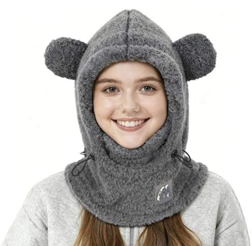 TAGVO Damen Winter Plüsch Balaclava 3 in 1 Bärenohren Kapuzenmütze mit Gesichtsabdeckung und Nackenwärmer Winddicht Fleece für Outdoor