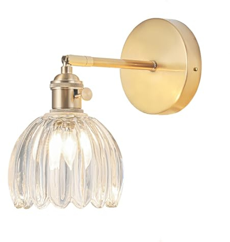 Hardwired Wall Sconce Lights, Vintage Wall Lights with Switch, Gold Wall Lights with Tulip Transparent Glass Lampshade, Indoor Wall Lights for Bedrooms, Bedside Wall Lamp, Light Bulb Not Included