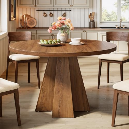 Tribesigns Tavolo da pranzo rotondo per 4 persone, tavolo da cucina rotondo con base a colonna, stile rustico, salvaspazio, sala da pranzo, cucina, soggiorno, marrone noce