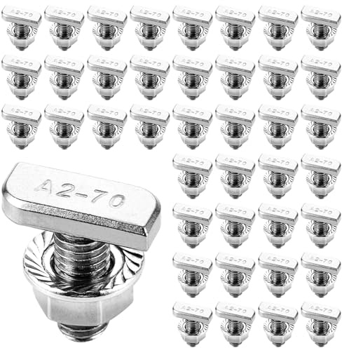 LDXDRU Lot de 48 vis à tête marteau M10 x 25 avec écrous à dents de blocage en acier inoxydable A2-70 Écrous à bride en T M10 pour rail de montage solaire PV, serre et photovoltaïque