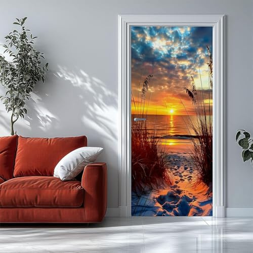 Türtapete Selbstklebend 77x200 Fenster Türfolie Türposter Strand Sonnenuntergang Trockenes Gras Türklebefolie Wandbild Türaufkleber Wandtapete 3D Effekt für Wohnzimmer Schlafzimmer Küche