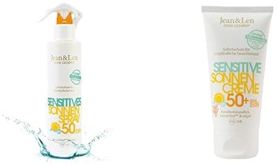 Jean & Len Sensitive Sonnenschutz Bundle: Sonnenspray LSF 50 250 ml + Sonnencreme LSF 50+ 50 ml, wasserfest, für empfindliche Haut/Gesicht, vegan, ohne Silikone & Mikroplastik