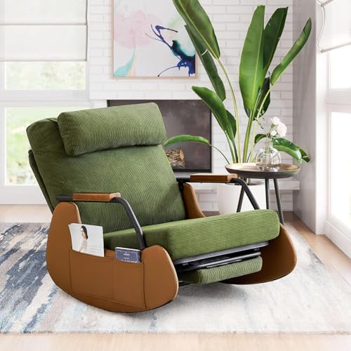 AVAWING Schaukelstuhl mit Klappbarer Rückenlehne,Schaukelsessel mit Kordober Holz und PU,Rocking Chair Schwingsessel für Wohnzimmer,Schlafzimmer,Beige-grün