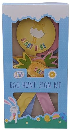AKEDE Wooden Easter Egg Hunt Signs with Sticks, 6 Pack, Garden Decoration, Party Game Supply