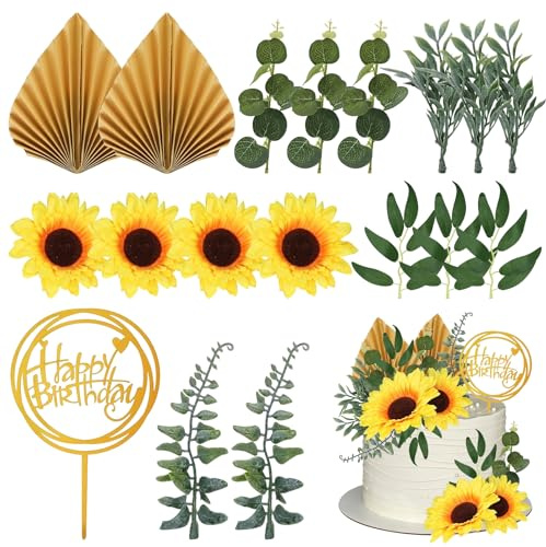 18 Piezas Decoracion Tarta Girasol, Topper Tarta Girasol, Adorno Tartas Flor, Flores Y Hojas Artificiales, Estilo Bohemio, Ideal para Tartas de Boda, Tarte de Cumpleaños Y Bautizos