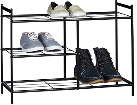 Relaxdays Schuhregal SANDRA mit 3 Ebenen, Schuhablage aus Metall, mit Stiefelfach, HBT: ca. 50,5 x 70 x 26 cm, für 8 Paar Schuhe, mit Griffen, schwarz