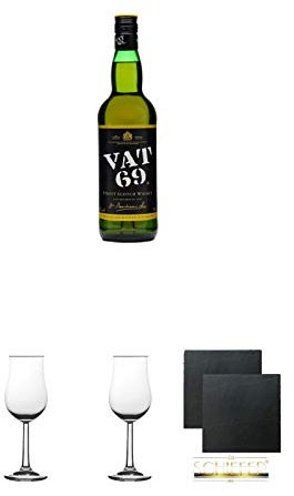 VAT 69 blended Scotch Whisky 0,7 Liter + 2 Bugatti Nosing Gläser mit Eichstrich 2cl und 4cl + 2 Schiefer Glasuntersetzer eckig ca. 9,5 cm Ø