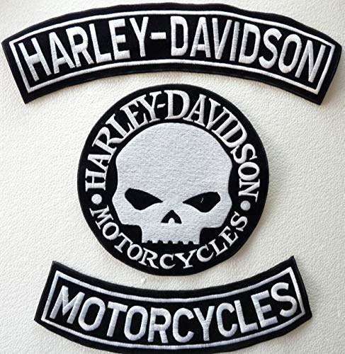 Generico, Set mit 3 großen silberfarbenen Aufnähern in Bogenform mit den Schriftzügen Harley Davidson + Motorcycles + 1 Totenkopf