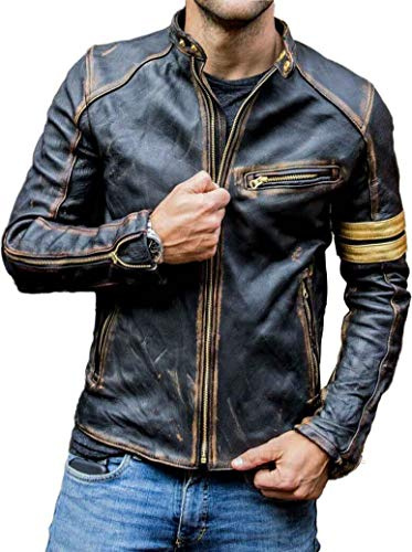 Real Leather Jacket Mens | Cafe Racer Black Leather Motorcycle Jacket | With Distressed Vintage Detail