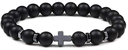 COJJ Hot Men Natural Lava Stone Bead Obsidian Bracelets Cross Rosary Meditation Prayer Jesus Turquoise Bracelet Women Yoga Jewelry,Matte Black,Adjustable