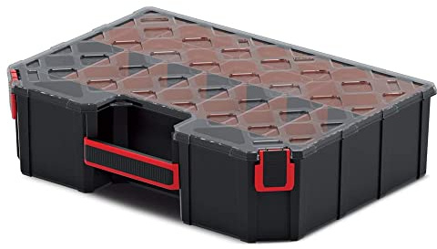 Caja clasificadora con compartimentos funcionales, caja surtida, caja de almacenaje para piezas pequeñas, de plástico, mango ergonómico, tapa transparente, 390 x 284 x 105 mm