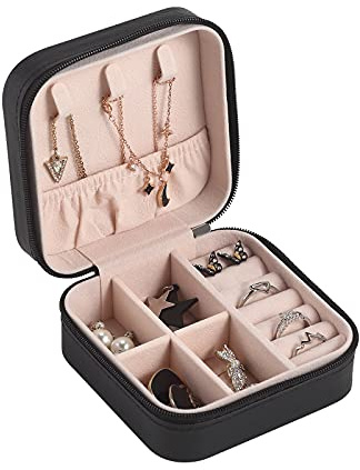 CASEGRACE Reise-Schmucketui, kleine Schmuckschatulle, tragbarer Schmuck-Organizer, Display-Aufbewahrungskoffer für Ringe, Ohrringe, Halsketten, Armband, Geschenk für Frauen und Mädchen, schwarz