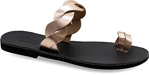 39 Roségold Emmanuela Griechische handgefertigte flache Ledersandalen mit geflochtenem Riemen, hochwertige Sommerschuhe für Damen, Zehenring Slide Sandalen, Boho Sandalen