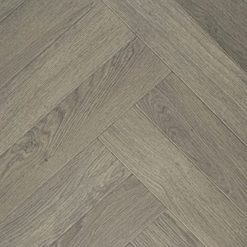 Wood Plank Effect Tasman Vinyl Flooring Realistic 3.8mm Slip Resistant Foam Backed Lino (Light Grey Herringbone Parquet, 7m x 3m)