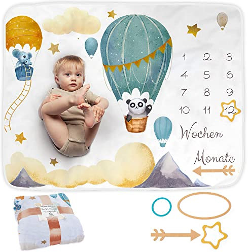Baby Meilenstein Decke auf Deutsch | Monatsdecke Baby Junge & Mädchen, Unisex | Motiv Luftballon | Personalisiertes Neugeborenen-Geschenk für Mütter | Babydecke | Meilensteindecke und Rahmen