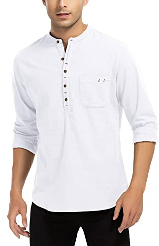 WAZZAP Homme Henley Chemise Lin Manches Longues Boutons Col Mao Hippie Casual Plage Chemise
