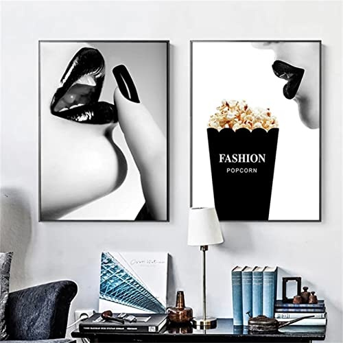 CULASIGN 2er Set Bilder Schwarz Weiß Poster Set OHNE Rahmen, Vintage Schwarz Weiß Frau Popcorn Wandbilder für Schlafzimmer Wohnzimmer Büro Flur Eingang (21x30cm)