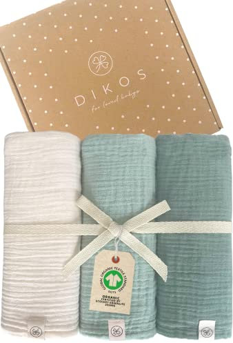 DIKOS® Baby Mulltücher 3er Premium Set – 64x64cm – weiche & saugstarke Spucktücher aus Bio-Baumwolle (GOTS, Oeko-TEX) – Musselintücher in Creme, Mint & Salbeigrün – schönes Babygeschenk zur Geburt