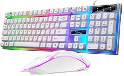 KOMBIUDA Teclado y Ratón Gaming Retroiluminación LED Colorida Diseño Ergonómico y Teclas Flotantes Set de Accesorios para Ordenador Conexión por Cable Orificios de Drenaje