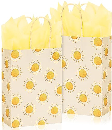 Whaline Boho Sun Party Favor Bag with 20Pcs Yellow Tissue Paper First Trip Around The Sun Gift Candy Treat Bag with Handles for Baby Shower Birthday, 12Pcs