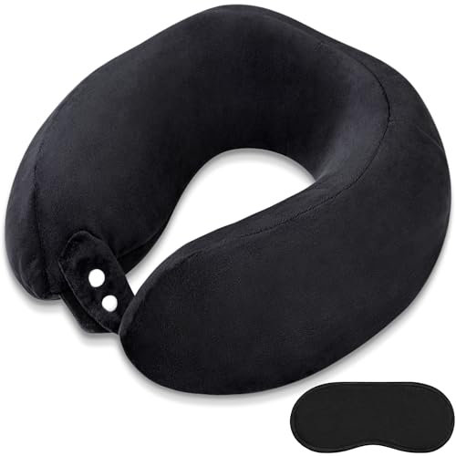 Travel Pillow Neck Pillow With Velvet Cover Adjustable Airplane Pillow for Travel Sleeping Head and Neck Support Memory Foam Pillows for Adults Train Bus Office Home Black