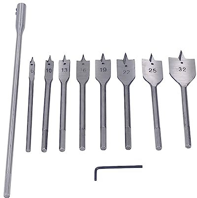 Mèches Plates de Pelle, Jeu de Forets à Bois Polyvalents à Tige de 1/4 Pouces, 10 Pièces, Longue Durée de Vie, 8 Tailles pour le Travail du Bois