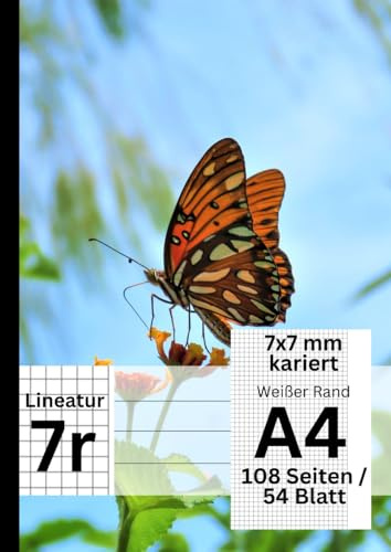 XXL Schulheft - 108 Seiten / 54 Blatt, 7x7 mm kariert, weißer breiter Rand, A4, Lineatur 7r: Geeignet als Matheheft, Schreibheft, Übungsheft - Farbenfrohes Schmetterling Design
