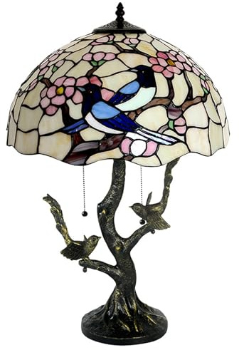 AIBOTY Vogellampe, rosa-Blaue Buntglas-Tischlampe mit Zugkettenschalter, 16-Zoll-Tiffany-Stil, Pastorale rosa Blumenlampe, Schlafzimmer-Nachttischlampe, Leselampe,Bird